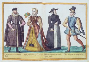 Tizenhatodik századi angol kosztümök az 1577-ben Kölnben megjelent „Omnium Poene Gentium Imagines”-ből (kézzel színezett metszet)